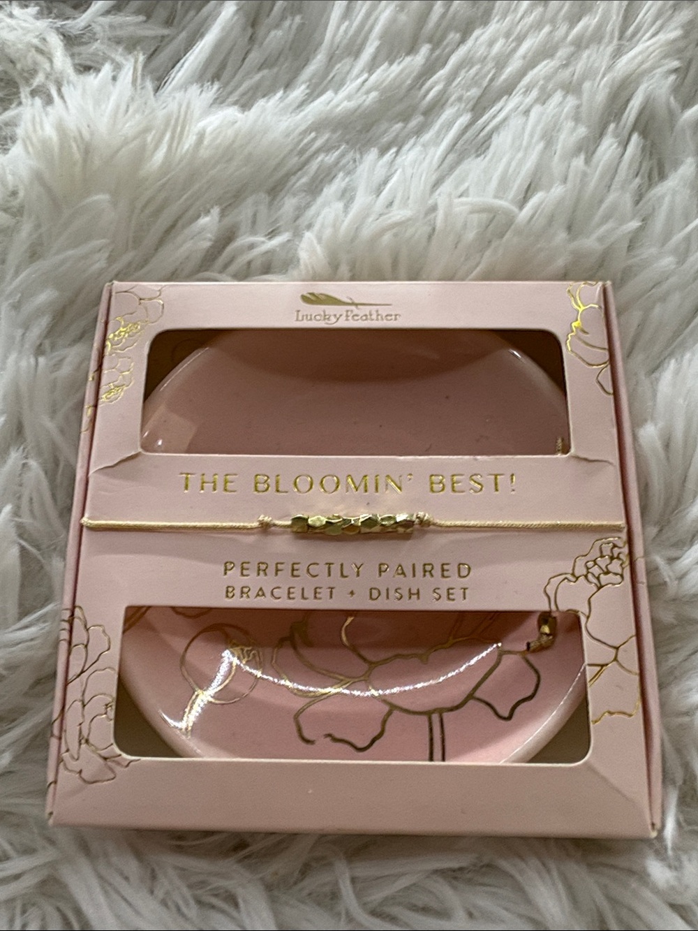 Lucky Feather "The Bloomin' Best" Bracelet + Dish Set - Pink with Gold